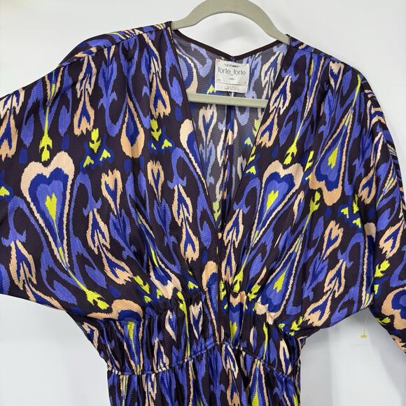 Forte Forte 6 Northern Light Print Satin Dress Multi Purple Ikat Dolman V Neck - Picture 7 of 16